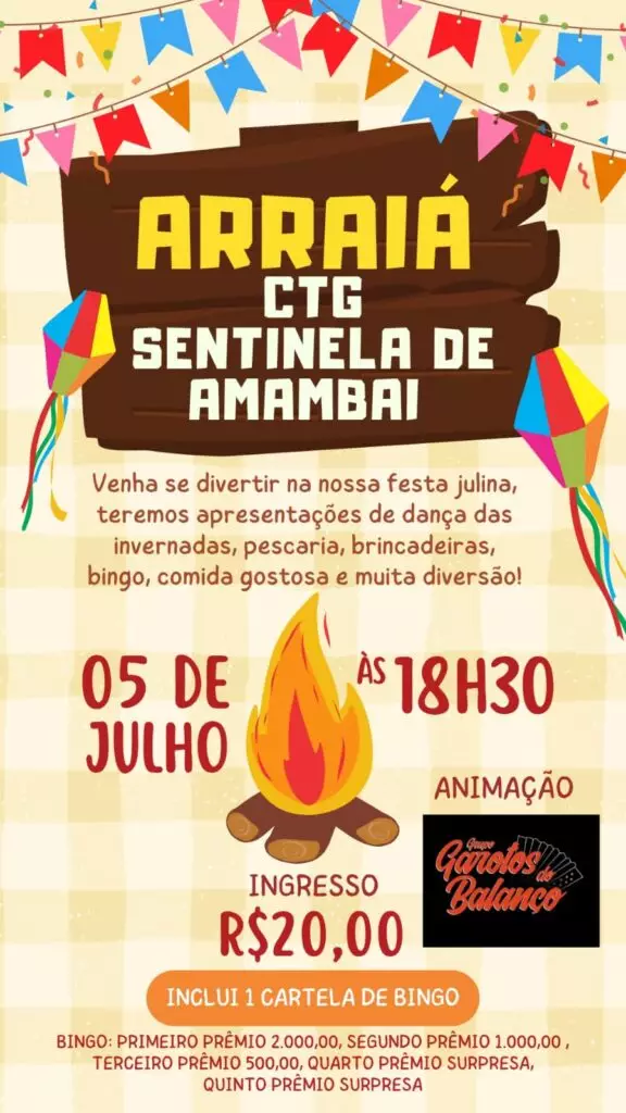 CTG Sentinela de Amambai realiza arraiá com atrações culturais e bingo premiado neste sábado (5)