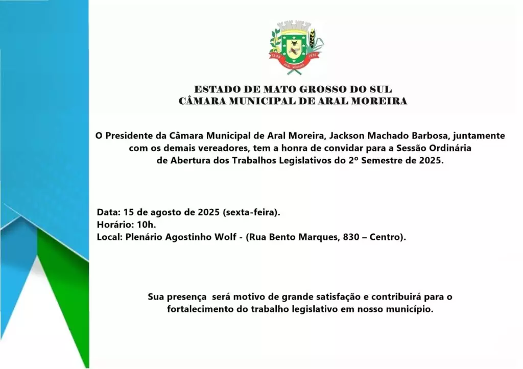 Câmara de Aral Moreira abre nesta sexta-feira segundo semestre legislativo de 2025