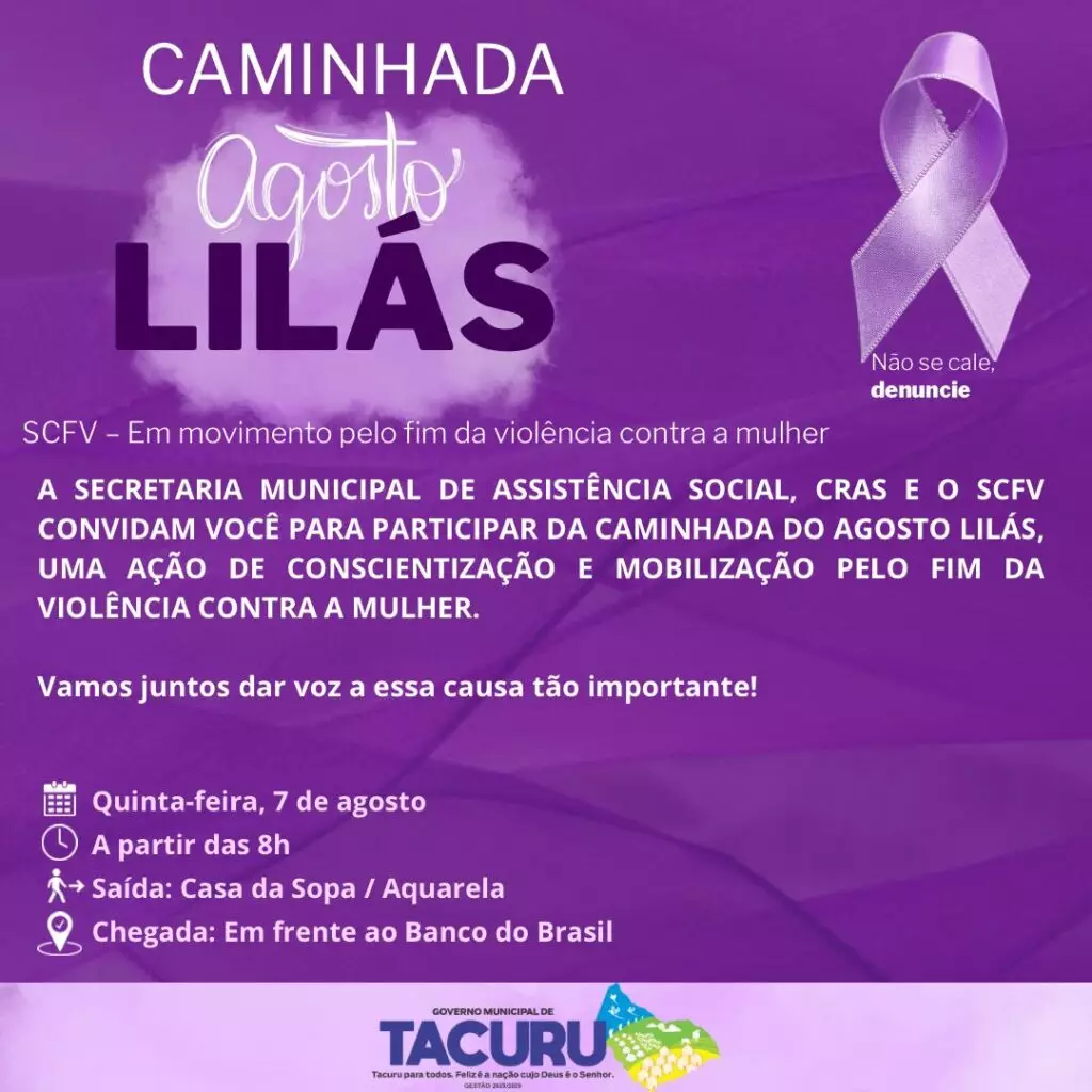 Caminhada do Agosto Lilás mobiliza população nesta quinta (7) em Tacuru Caminhada do Agosto Lilás mobiliza população nesta quinta (7) em Tacuru