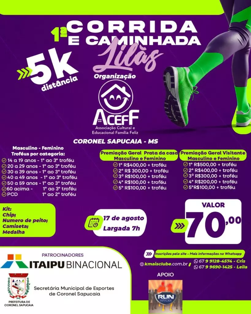 "Corrida e Caminhada Lilás" mobiliza Coronel Sapucaia neste domingo (17)