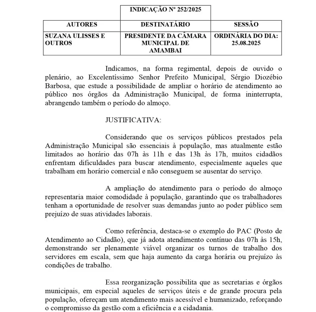 Para melhorar acesso da população aos serviços públicos Suzana Ulisses pede atendimento no horário de almoço em Amambai Para melhorar acesso da população aos serviços públicos Suzana Ulisses pede atendimento no horário de almoço em Amambai