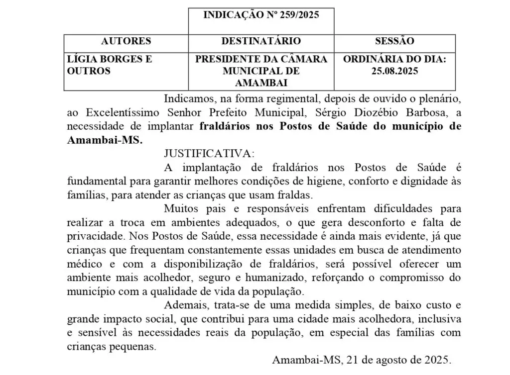Com objetivo de garantir melhor atendimento aos pais Lígia Borges pede fraldários nos postos de saúde em Amambai Com objetivo de garantir melhor atendimento aos pais Lígia Borges pede fraldários nos postos de saúde em Amambai