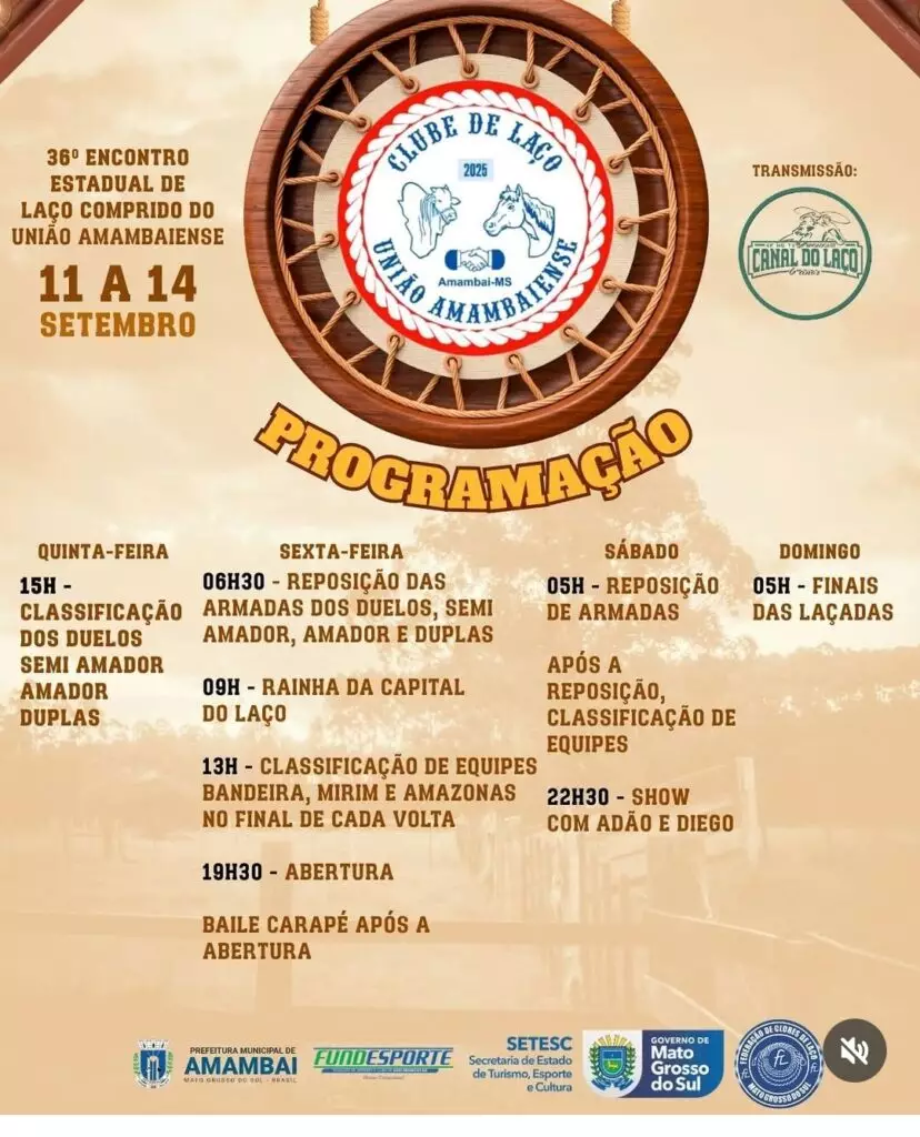 36º Encontro Estadual de Clubes de Laço acontece desta quinta a domingo com várias atrações em Amambai