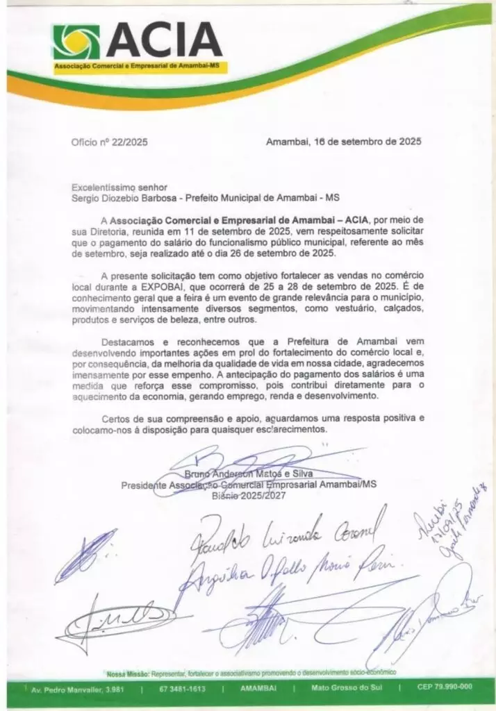 Para promover as vendas no comércio durante a Expobai, ACIA pede à prefeitura antecipação dos salários dos servidores em Amambai