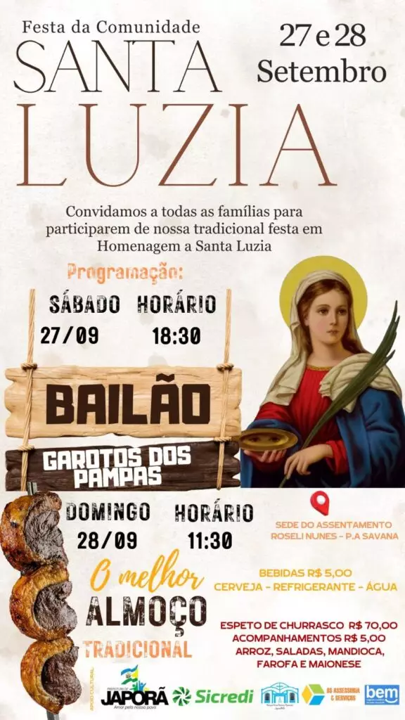 Japorã: Comunidade Santa Luzia realiza festa tradicional nos dias 27 e 28 de setembro Japorã: Comunidade Santa Luzia realiza festa tradicional nos dias 27 e 28 de setembro