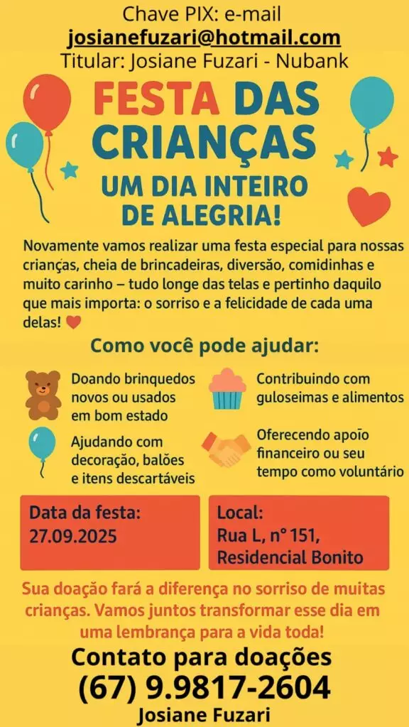 Festa das Crianças promete resgatar brincadeiras tradicionais e fortalecer vínculos em Amambai