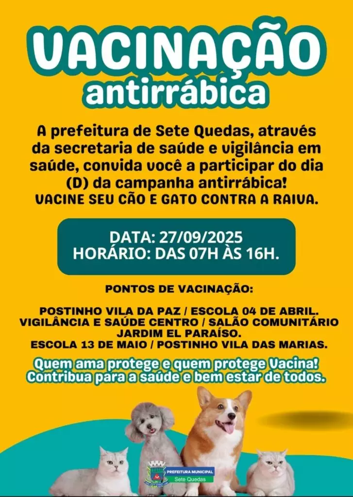 Sete Quedas promove o Dia D da campanha de vacinação antirrábica neste sábado (27) Sete Quedas promove o Dia D da campanha de vacinação antirrábica neste sábado (27)