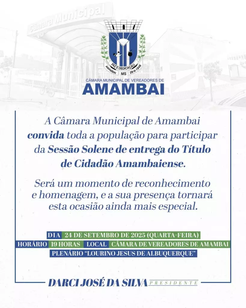 Câmara de Amambai entrega nesta quarta títulos de Cidadão Amambaiense