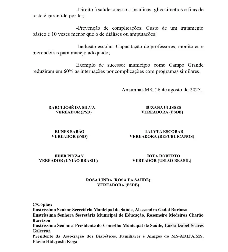 Darci pede Programa de Combate e Atenção ao Diabetes Tipo 1 Infantojuvenil em Amambai