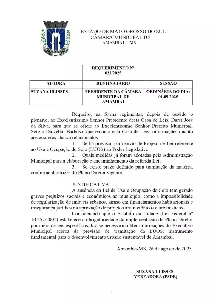 Vereadora Suzana pede informação sobre Lei de Uso e Ocupação do Solo em Amambai Vereadora Suzana pede informação sobre Lei de Uso e Ocupação do Solo em Amambai