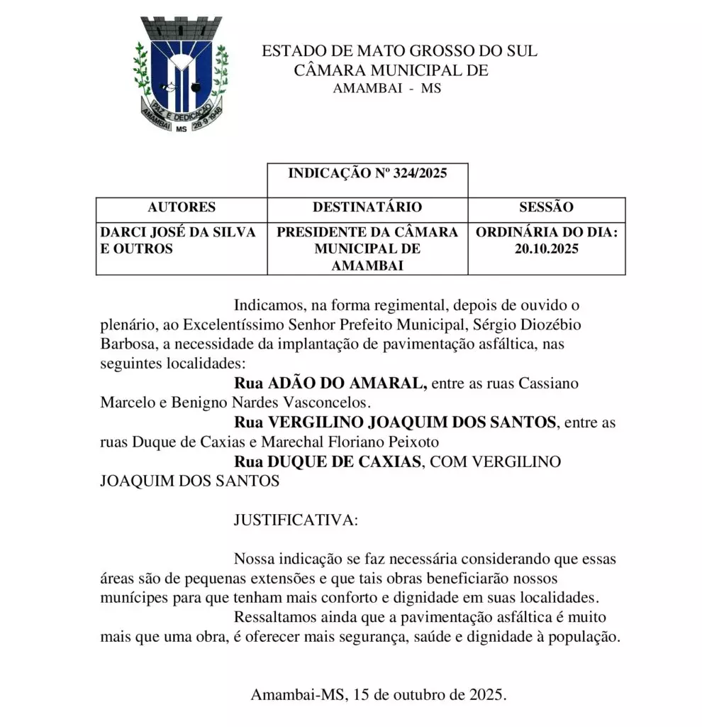 Para garantir conforto e segurança aos moradores vereador Darci pede asfaltamento de trechos de ruas em Amambai Para garantir conforto e segurança aos moradores vereador Darci pede asfaltamento de trechos de ruas em Amambai