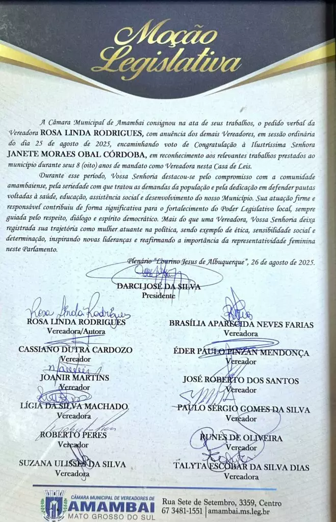 Com grandes serviços prestados, tanto no campo social como político, Janete Córdoba é homenageada pela Câmara Municipal em Amambai Com grandes serviços prestados, tanto no campo social como político, Janete Córdoba é homenageada pela Câmara Municipal em Amambai