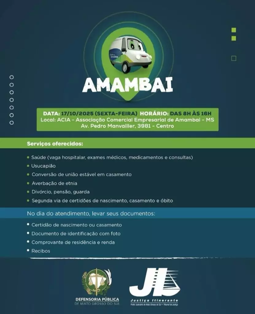Van dos Direitos e Justiça Itinerante atendem a população nesta sexta na ACIA em Amambai Van dos Direitos e Justiça Itinerante atendem a população nesta sexta na ACIA em Amambai