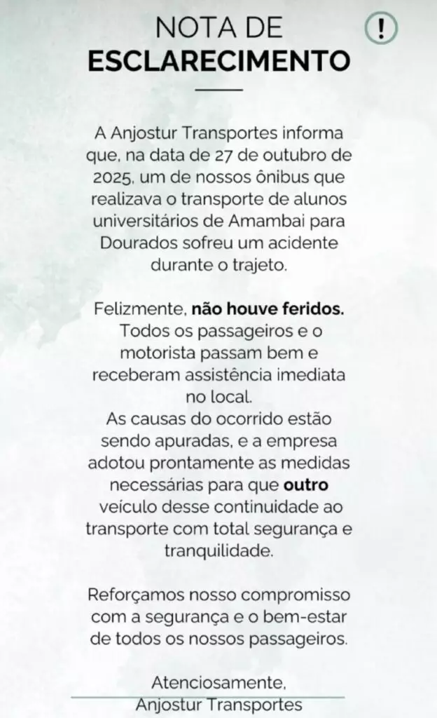 Ônibus transportando universitários de Amambai se envolve em acidente na BR-163, ninguém se feriu Ônibus transportando universitários de Amambai se envolve em acidente na BR-163, ninguém se feriu