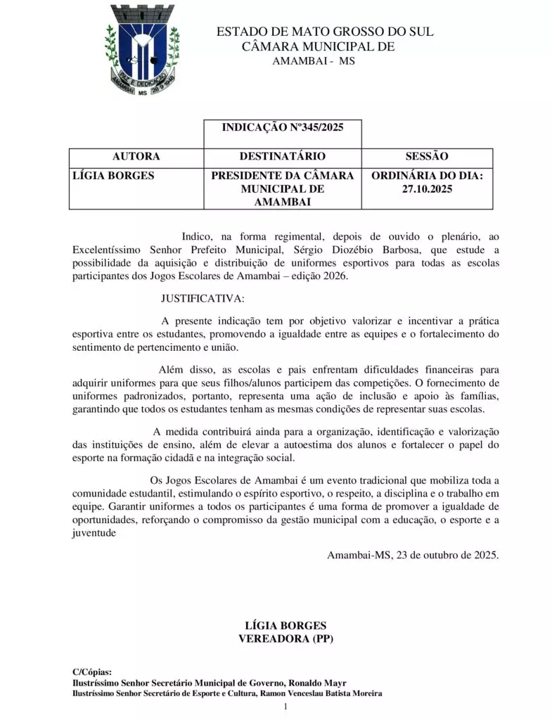 Lígia Borges pede aquisição de uniformes para escolas participarem dos Jogos Escolares em Amambai Lígia Borges pede aquisição de uniformes para escolas participarem dos Jogos Escolares em Amambai