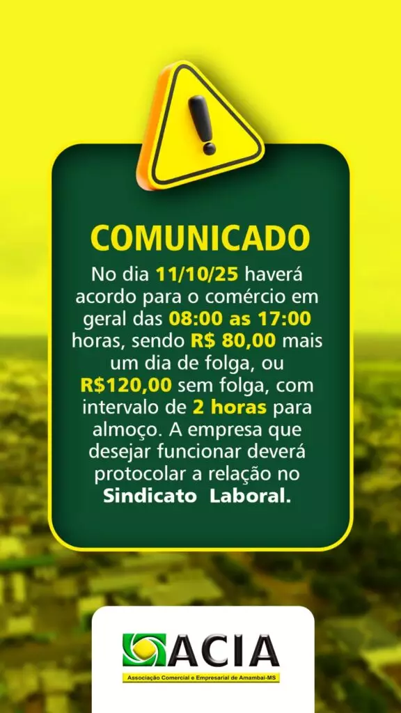 Comércio de Amambai terá funcionamento especial nos dias 11 e 12 de outubro Comércio de Amambai terá funcionamento especial nos dias 11 e 12 de outubro