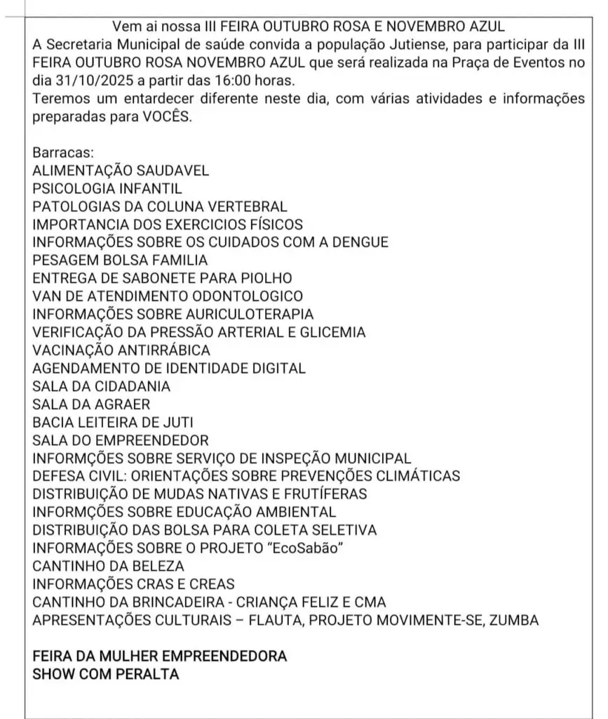 Juti realiza III Feira Outubro Rosa e Novembro Azul nesta sexta-feira Juti realiza III Feira Outubro Rosa e Novembro Azul nesta sexta-feira