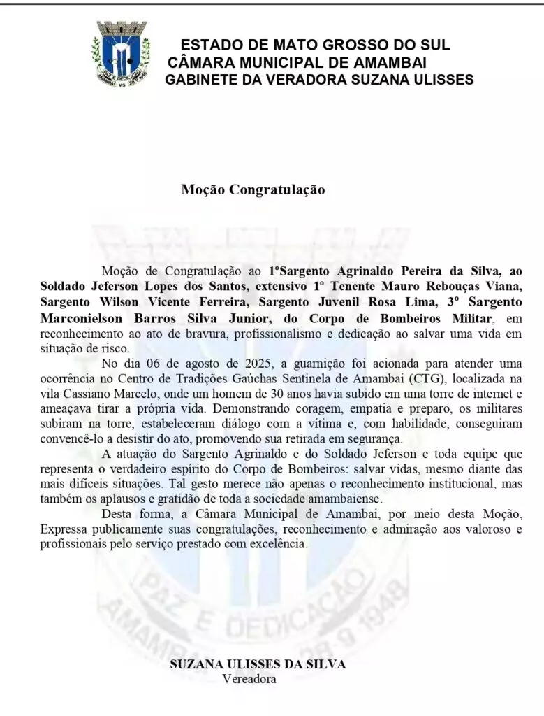 Por indicação de Suzana Ulisses, Câmara Municipal homenageia bombeiros por salvar vida de homem em Amambai