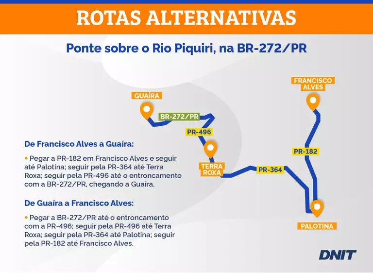 DNIT alerta para tráfego totalmente interditado na ponte sobre o Rio Piquiri, na BR-272/PR DNIT alerta para tráfego totalmente interditado na ponte sobre o Rio Piquiri, na BR-272/PR
