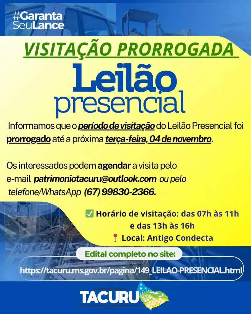 Prefeitura de Tacuru realiza leilão de veículos e bens inservíveis nesta quarta-feira (5)