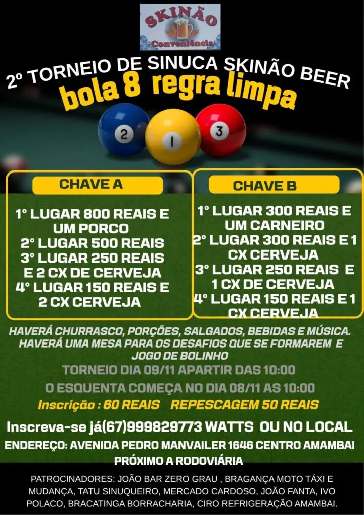 Skinão Conveniência realiza torneio de sinuca neste final de semana em Amambai Skinão Conveniência realiza torneio de sinuca neste final de semana em Amambai