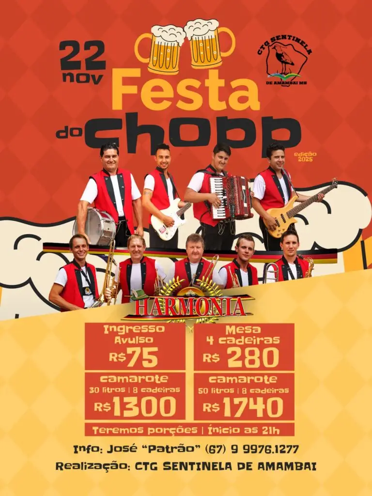 Com ingressos já disponíveis, Festa do Chopp do CTG acontece no dia 22 de novembro em Amambai