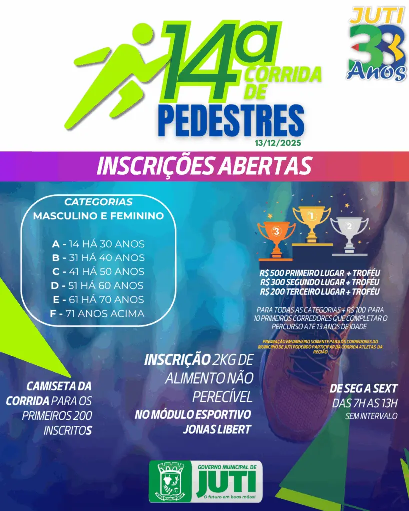 Prefeitura de Juti abre inscrições para a 14ª Corrida de Pedestres em comemoração ao aniversário de 39 anos do município Prefeitura de Juti abre inscrições para a 14ª Corrida de Pedestres em comemoração ao aniversário de 39 anos do município