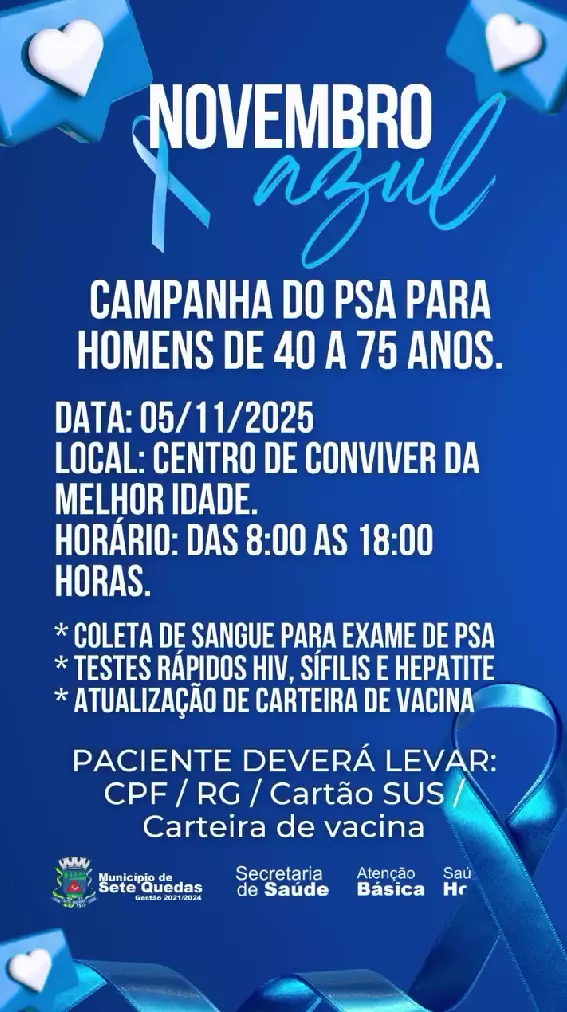 Novembro Azul: Sete Quedas promove ação voltada à saúde do homem nesta quarta-feira (5)
