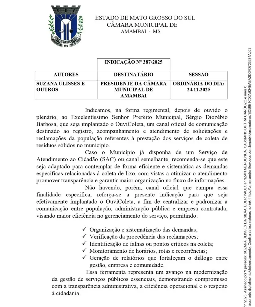 Suzana Ulisses pede que prefeitura crie canal para ouvir a população sobre coleta de lixo em Amambai
