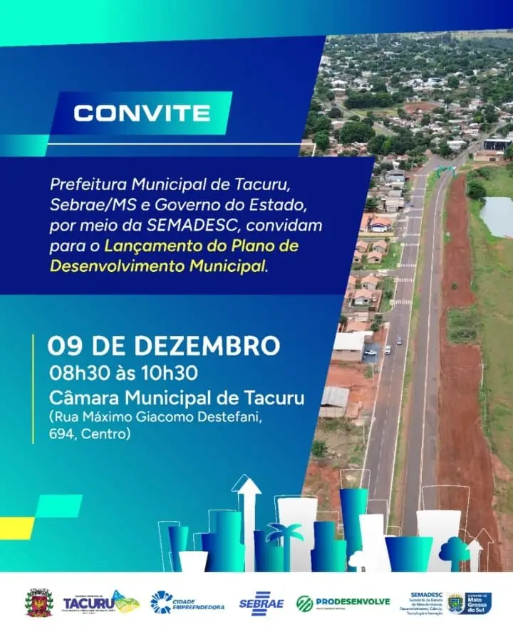 Tacuru: Lançamento do Plano de Desenvolvimento Municipal será realizado nesta terça-feira (9)