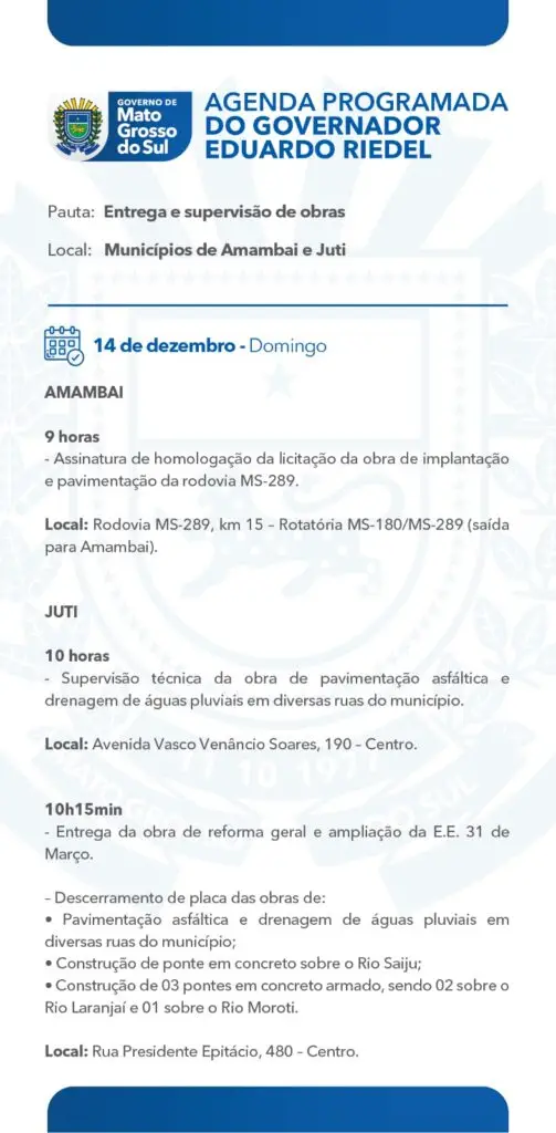 Governador Eduardo Riedel lança neste domingo pavimentação da MS-289 entre Amambai e Jutí Governador Eduardo Riedel lança neste domingo pavimentação da MS-289 entre Amambai e Jutí