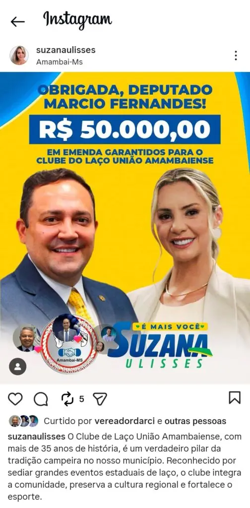 Suzana agradece Márcio Fernandes por emenda de R$ 50 mil para o Clube do Laço União Amambaiense