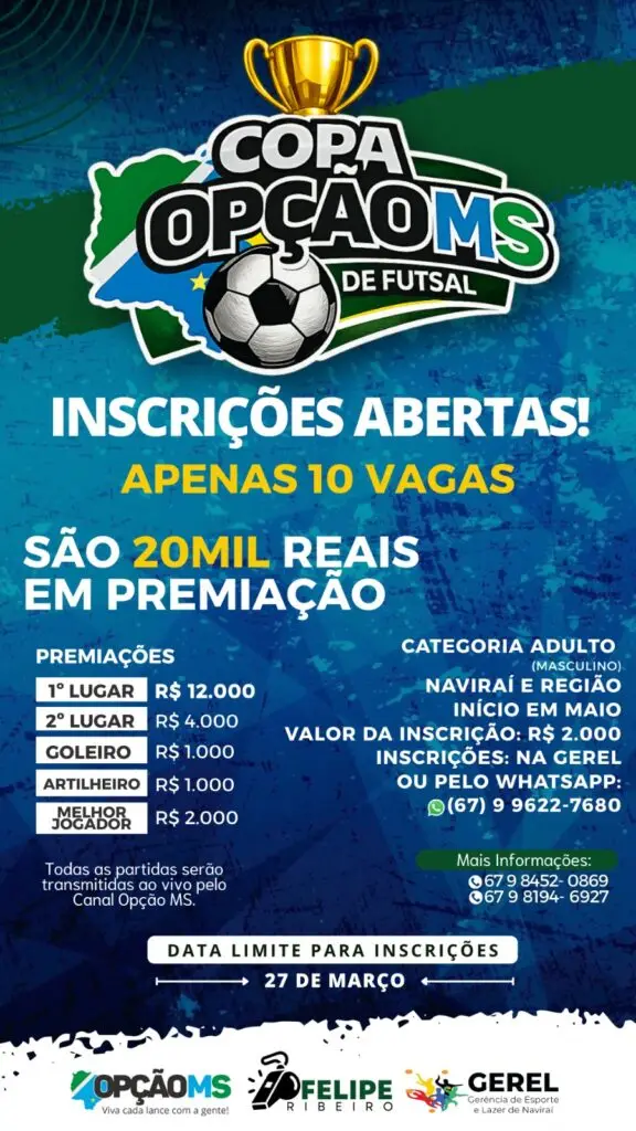 Copa Opção MS de Futsal abre inscrições com R$ 20 mil em premiação