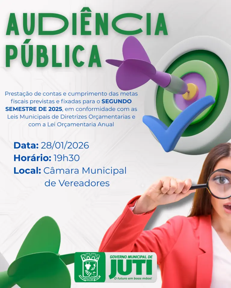 Prefeitura de Juti realiza Audiências Públicas de Saúde e Metas Fiscais no dia 28 de janeiro Prefeitura de Juti realiza Audiências Públicas de Saúde e Metas Fiscais no dia 28 de janeiro