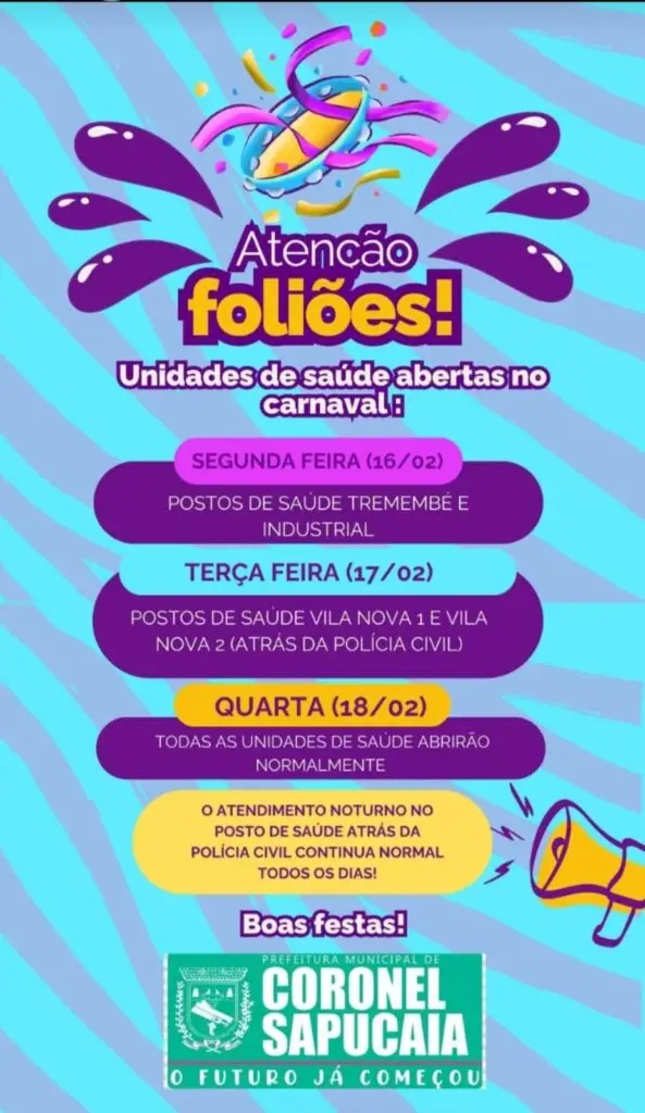 Unidades de saúde terão atendimento especial durante o Carnaval em Coronel Sapucaia
