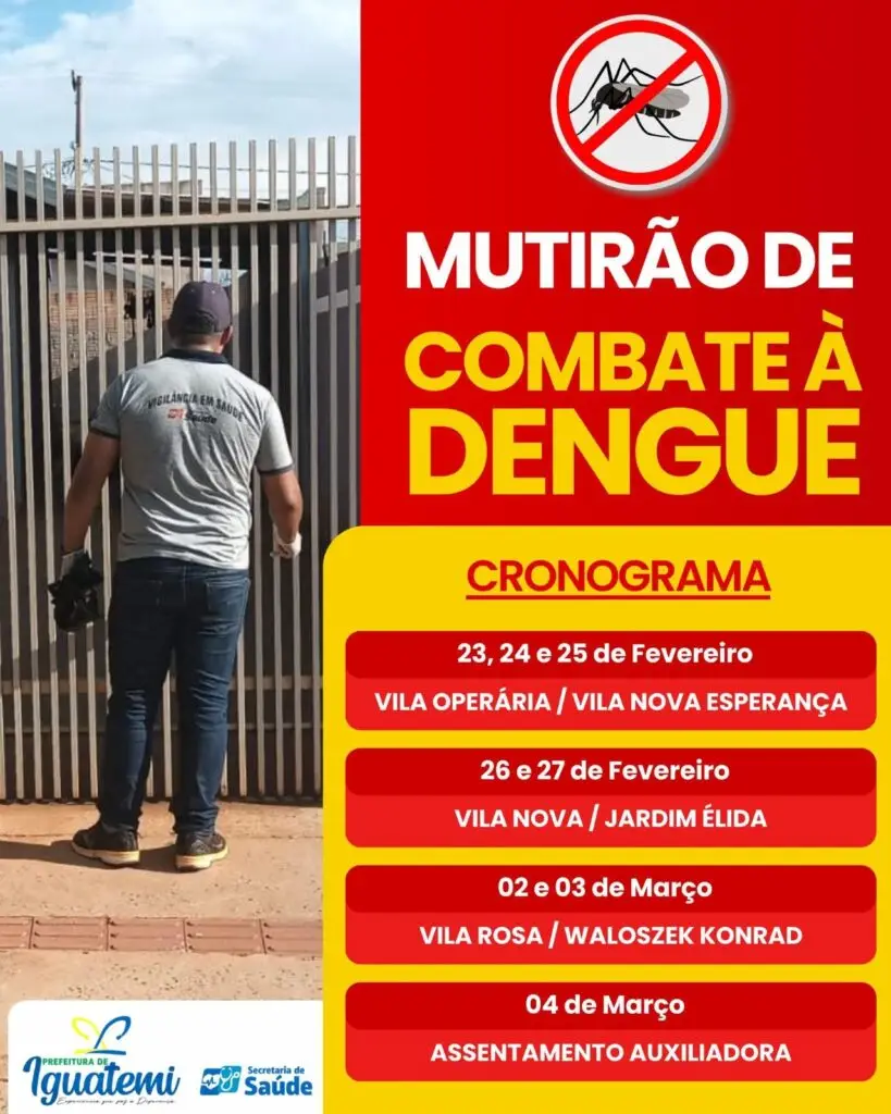 Secretaria de Saúde de Iguatemi inicia mutirão de combate à dengue nesta segunda (23), no bairro da Vila Operária Secretaria de Saúde de Iguatemi inicia mutirão de combate à dengue nesta segunda (23), no bairro da Vila Operária