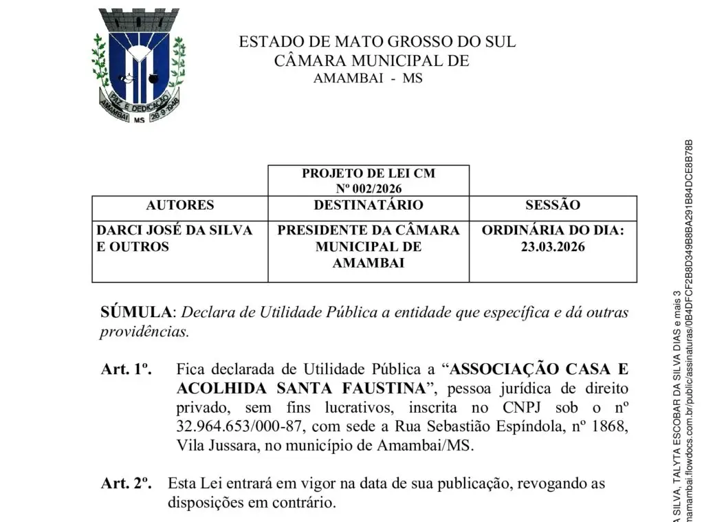 Projeto de Darci torna de utilidade pública Casa da Acolhida Santa Faustina em Amambai