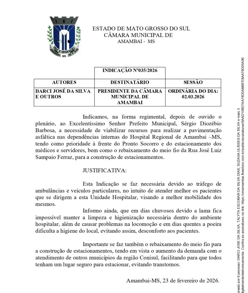 Darci pede asfalto no pátio e melhoria no sistema de estacionamento do Hospital Regional em Amambai Darci pede asfalto no pátio e melhoria no sistema de estacionamento do Hospital Regional em Amambai