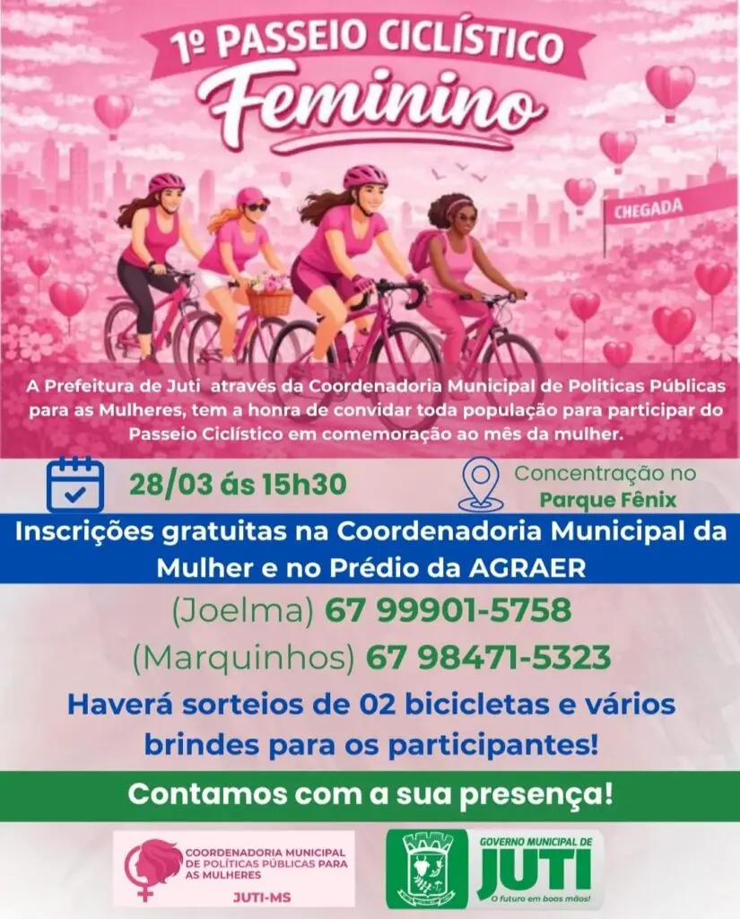 Juti promove 1º Passeio Ciclístico Feminino em celebração ao mês da mulher neste sábado (28)