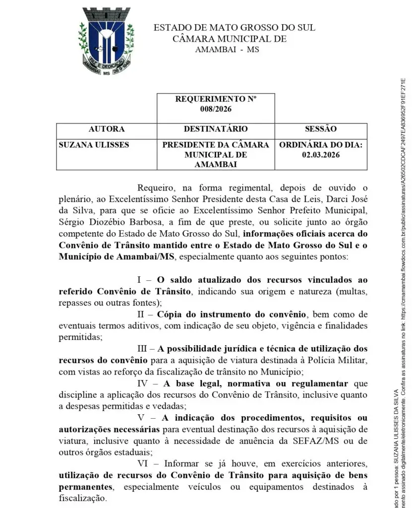 Por meio de requerimento Suzana pede informações sobre convênio de trânsito entre Amambai e Governo do Estado Por meio de requerimento Suzana pede informações sobre convênio de trânsito entre Amambai e Governo do Estado