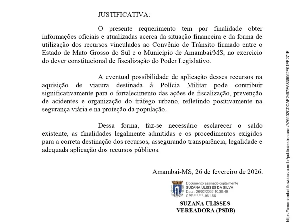 Por meio de requerimento Suzana pede informações sobre convênio de trânsito entre Amambai e Governo do Estado Por meio de requerimento Suzana pede informações sobre convênio de trânsito entre Amambai e Governo do Estado