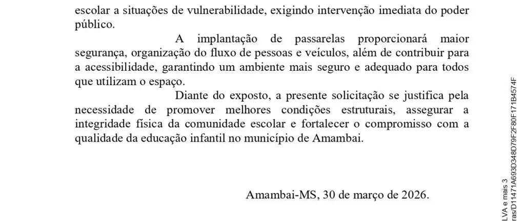 Darci pede passarelas elevadas e melhorias para CEI Rosa Maria Osorski em Amambai