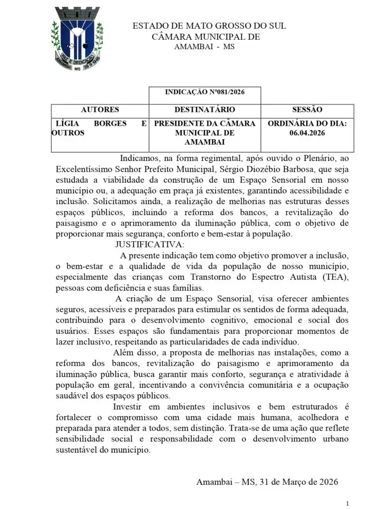 Lígia Borges pede implantação de Espaço Sensorial em Amambai