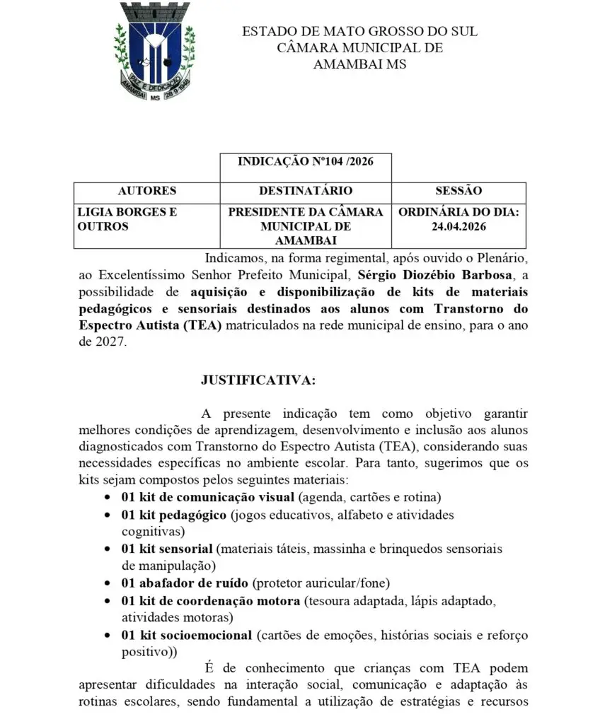 Lígia Borges pede para 2027, kits para alunos com TEA da rede municipal em Amambai