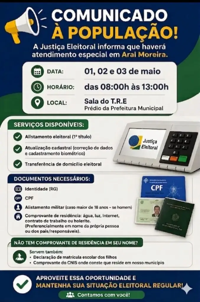 Aral Moreira recebe ação da Justiça Eleitoral com serviços gratuitos à população em maio