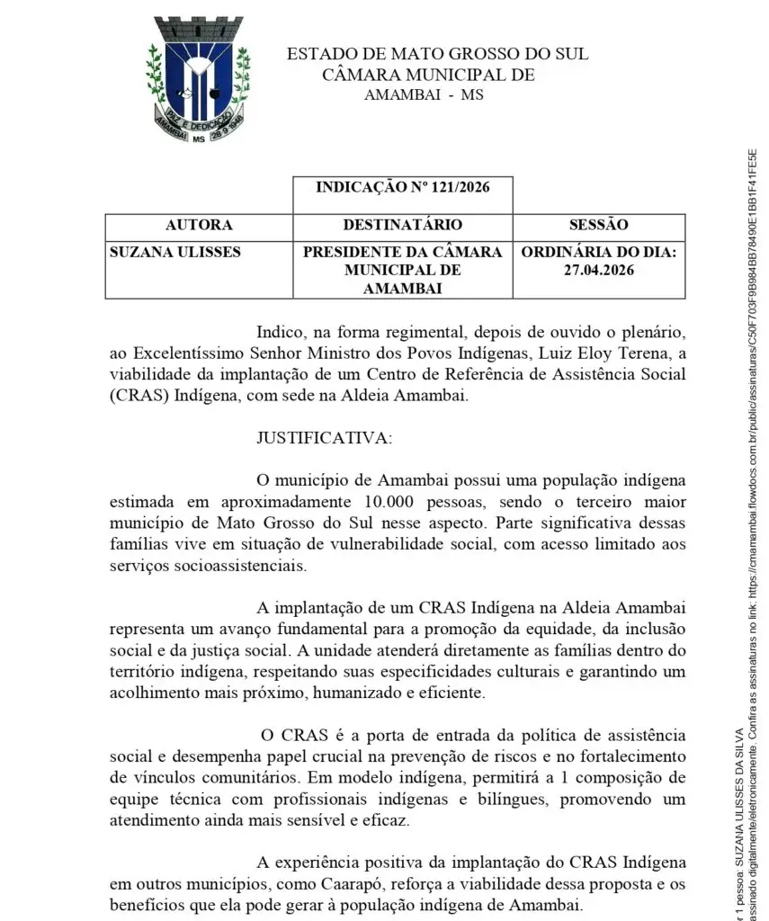 Para melhorar o atendimento à comunidade vereadora Suzana pede CRAS Indígena na Aldeia Amambai