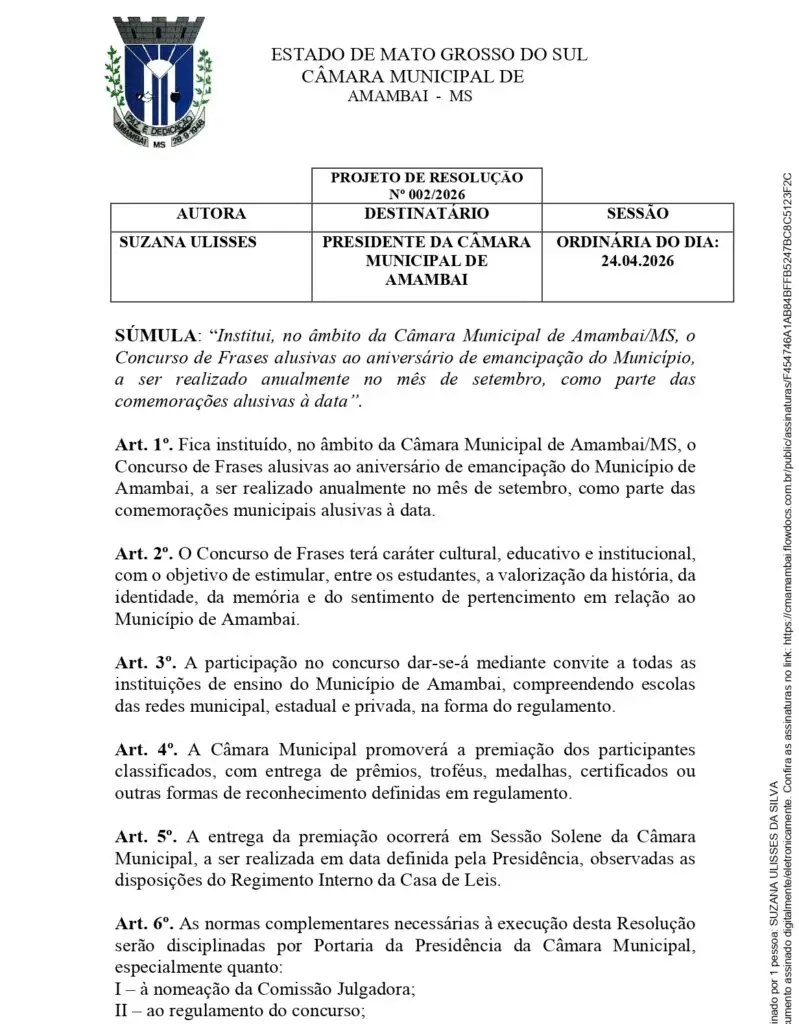 Projeto de Suzana Ulisses institui Concurso de Frases na Câmara Municipal em Amambai