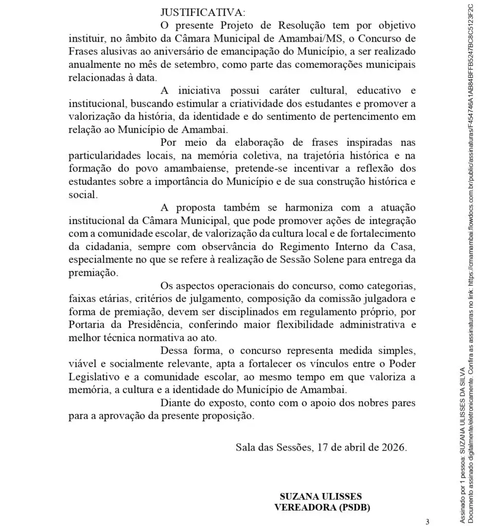 Projeto de Suzana Ulisses institui Concurso de Frases na Câmara Municipal em Amambai
