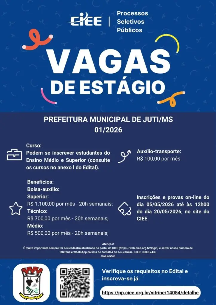 Prefeitura de Juti abre vagas de estágio em parceria com o CIEE