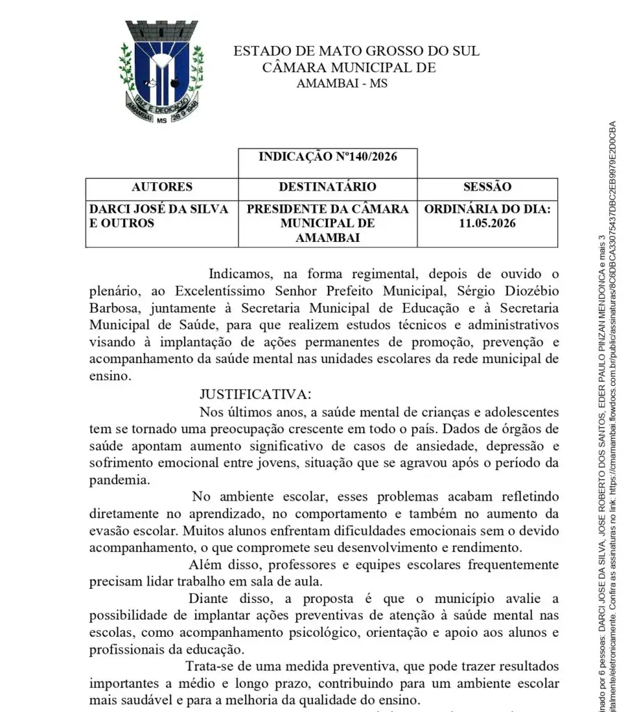 Darci pede prevenção e acompanhamento em relação a saúde mental na REME em Amambai